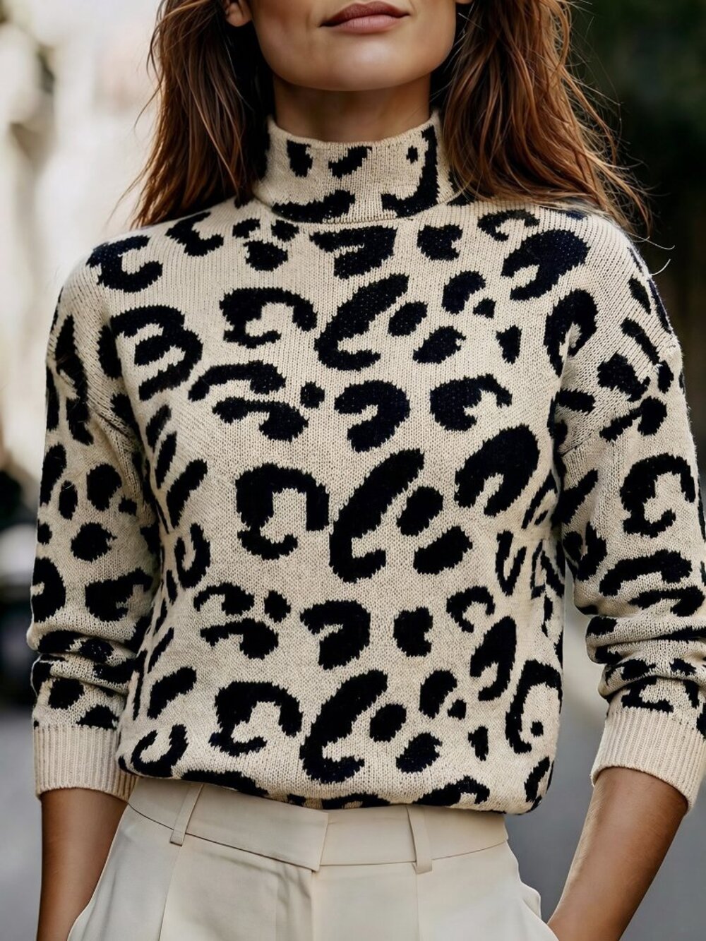 Casual Women's Leopard Print cowl Neck Long Sleeve Pullover Sweater